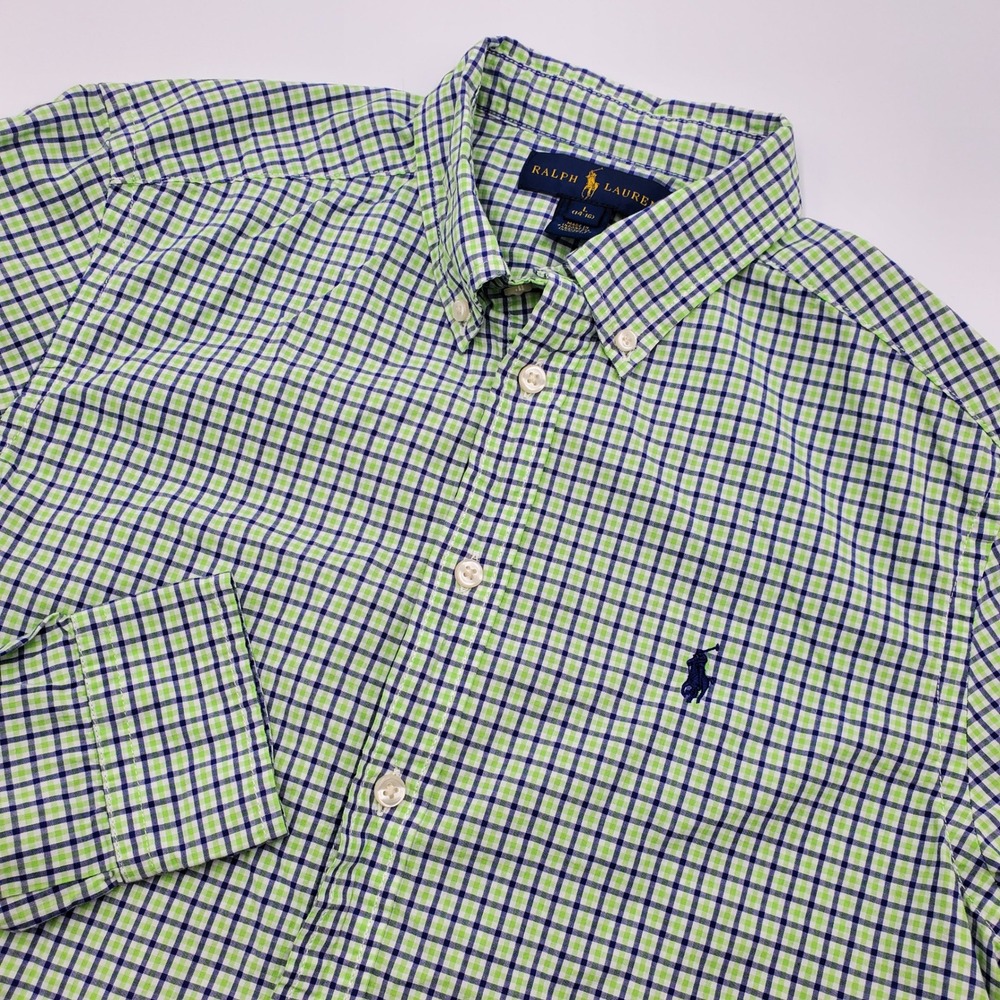 Ralph Lauren Boys L 14-16 Gingham Button Down Shirt Green Navy Blue Cotton
